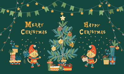 Merry Christmas Cat. New Year. Happy Cats.