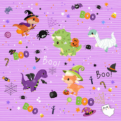 Cute Halloween Background, Cartoon wallpaper for Printable and Digital papers - Halloween Ghost, Bear, Black cat and Pumpkin