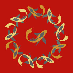 Fish round pattern. Vector border with koi Carp.