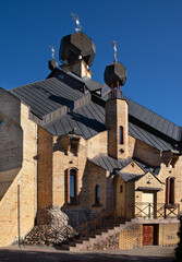General view and close-up of architectural details of the Orthodox Church of the Resurrection built in the 1990s in the city of Białystok in Podlasie, Poland.