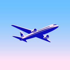 Flat vector illustration of flying plane in the pink-blue sky. Idea for a poster, sticker, book, web design and so on.