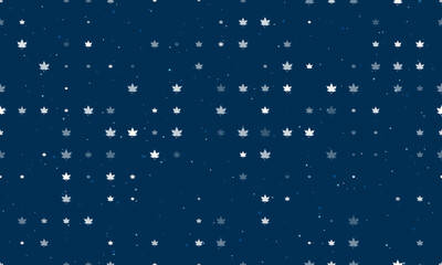 Seamless background pattern of evenly spaced white maple leafs of different sizes and opacity. Vector illustration on dark blue background with stars