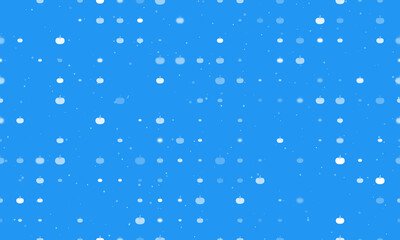 Seamless background pattern of evenly spaced white pumpkin symbols of different sizes and opacity. Vector illustration on blue background with stars
