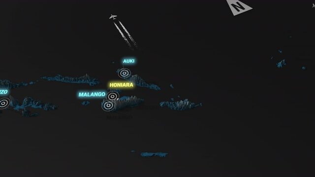 Seamless looping animation of the 3d terrain map at nighttime of Solomon Islands with the capital and the biggest cites in 4K resolution