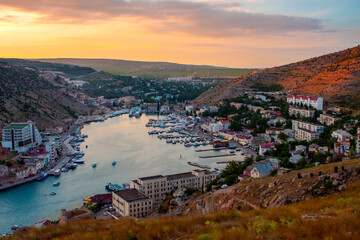 View of Balaklava Bay from above at sunset - obrazy, fototapety, plakaty