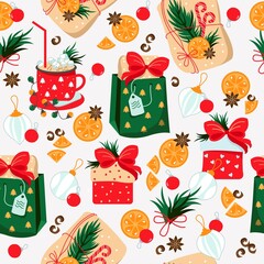 Seamless background with Christmas elements. Vector texture. Christmas. Gifts, toys, garland, packages, cocoa.
