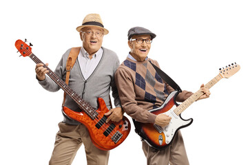 Happy senior men playing electric guitars