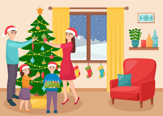 Obraz na płótnie Canvas Happy family decorates Christmas tree in living room. Mother, father, daughter and son decorating Christmas tree, vector illustration