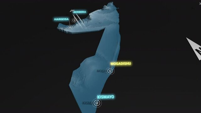 Seamless looping animation of the 3d terrain map at nighttime of Somalia with the capital and the biggest cites in 4K resolution