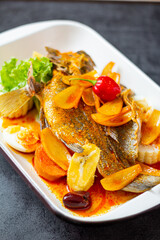Northern Cause, Mixed Fish, Egg, Olive, Banana, Onion, Sweet Potato, and Corn
