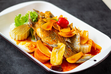 Northern Cause, Mixed Fish, Egg, Olive, Banana, Onion, Sweet Potato, and Corn
