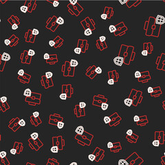 Line Briefcase with shield icon isolated seamless pattern on black background. Insurance concept. Security, safety, protection, protect concept. Vector