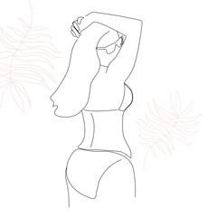 Abstract minimalistic contemporary portrait of a young woman from the back in a swimsuit hand-drawn lines. Beautiful female with glasses in summer. Vector graphics.