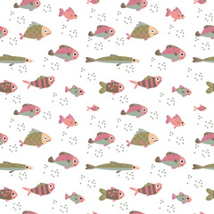 Seamless pattern with fishes in pastel color. Vector illustration in minimalistic flat style.