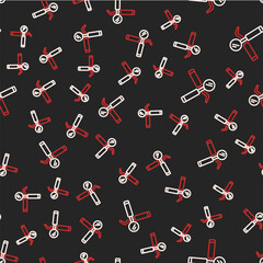 Line Dental inspection mirror and probe icon isolated seamless pattern on black background. Explorer scaler. Tool dental checkup. Vector