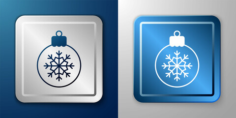 White Christmas ball icon isolated on blue and grey background. Merry Christmas and Happy New Year. Silver and blue square button. Vector