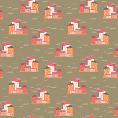 Vector illustration with architecture and city in minimalistic flat hand drawn style. Seamless pattern with minimalistic house on a khaki green background. Printing for textiles, print design