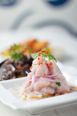 Duo of Peruvian ceviche, black shells and classic fish ceviche.
