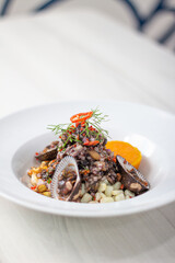 Black ceviche with shell, very typical in Peru. on white plate.
