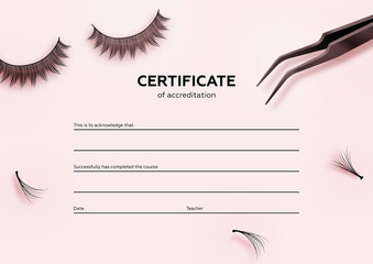 Diploma eyelash extensions. Makeup certificate template. Beauty school or refresher courses for beautician. Vector illustration