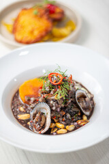 Black ceviche with shell, very typical in Peru. on white plate.
