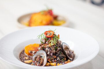 Black ceviche with shell, very typical in Peru. on white plate.
