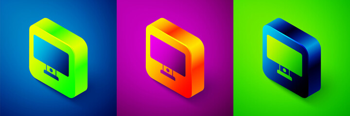 Isometric Computer monitor icon isolated on blue, purple and green background. PC component sign. Square button. Vector