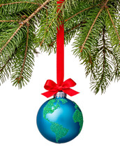 Peace on Earth Globe christmas ball ornament isolated on white.