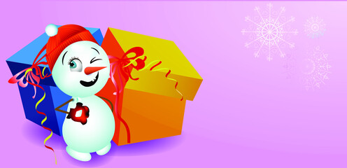 snowman with gifts. Cute illustration, background for christmas and new year