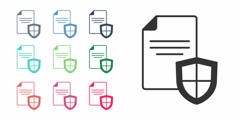 Black Contract with shield icon isolated on white background. Insurance concept. Security, safety, protection, protect concept. Set icons colorful. Vector