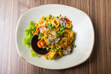 Rice with seafood. Creamy rice, seafood with house cream and Creole sarza