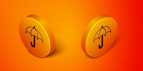 Isometric Umbrella icon isolated on orange background. Insurance concept. Waterproof icon. Protection, safety, security concept. Orange circle button. Vector