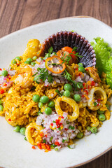 Rice with seafood. Creamy rice, seafood with house cream and Creole sarza