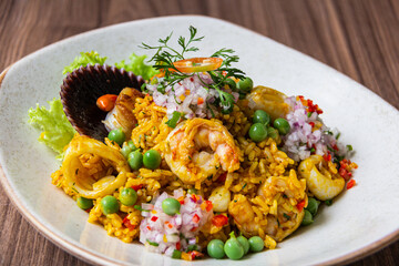 Rice with seafood. Creamy rice, seafood with house cream and Creole sarza