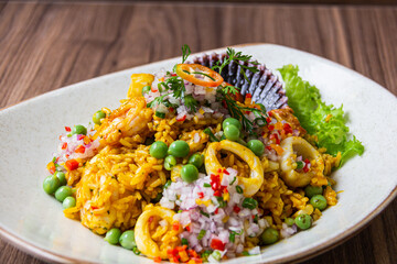 Rice with seafood. Creamy rice, seafood with house cream and Creole sarza