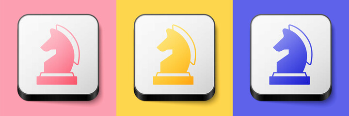 Isometric Chess icon isolated on pink, yellow and blue background. Business strategy. Game, management, finance. Square button. Vector