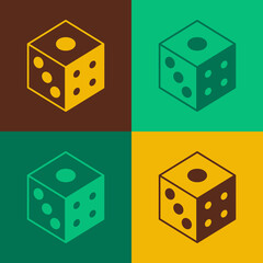 Pop art Game dice icon isolated on color background. Casino gambling. Vector