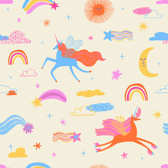 Seamless pattern with cute unicorns flying in the sky.