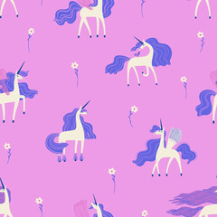 Seamless pattern with cute unicorns and flowers.