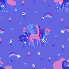 Seamless pattern with cute unicorns and flowers.