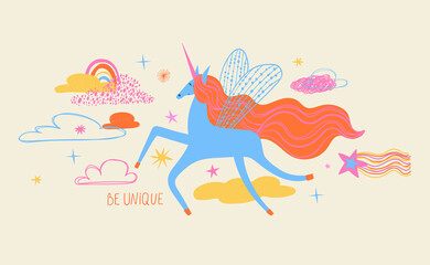 Illustration of unicorn flying in the sky.