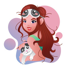 girl with a cat and she just woke up from sleep