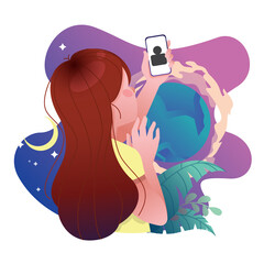 A girl having a video call or chat with someone through her mobile phome