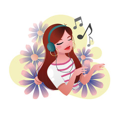 girl with flowers and listening to music with her headphone on