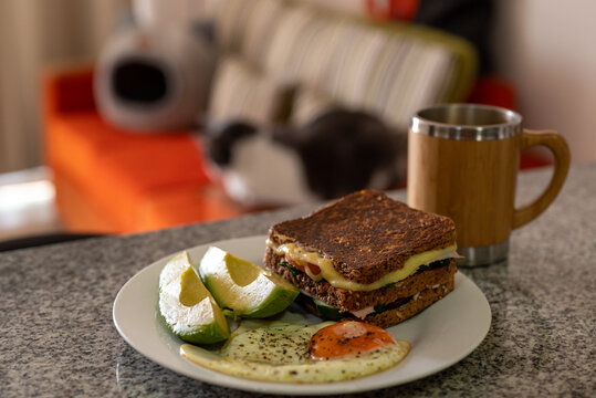Healthy breakfast with wholemeal bread, eggs and avocato