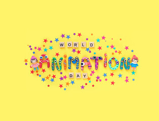 World animation day concept. funny colorful letters made of plasticine, cute toys and confetti on yellow background. 28 october holiday of international animation day, greeting card design. flat lay