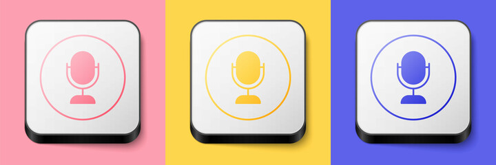 Isometric Microphone icon isolated on pink, yellow and blue background. On air radio mic microphone. Speaker sign. Square button. Vector