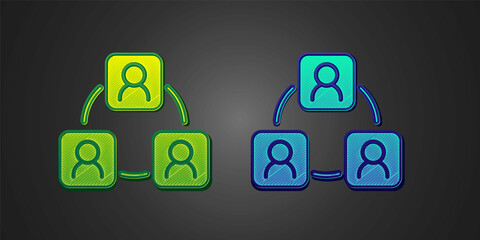 Green and blue Meeting icon isolated on black background. Business team meeting, discussion concept, analysis, content strategy. Presentation conference. Vector
