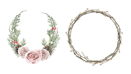 Watercolor hand drawn winter plants, roses and cone wreaths.