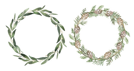 Watercolor hand drawn winter plants, mistletoe and cone wreaths. - obrazy, fototapety, plakaty